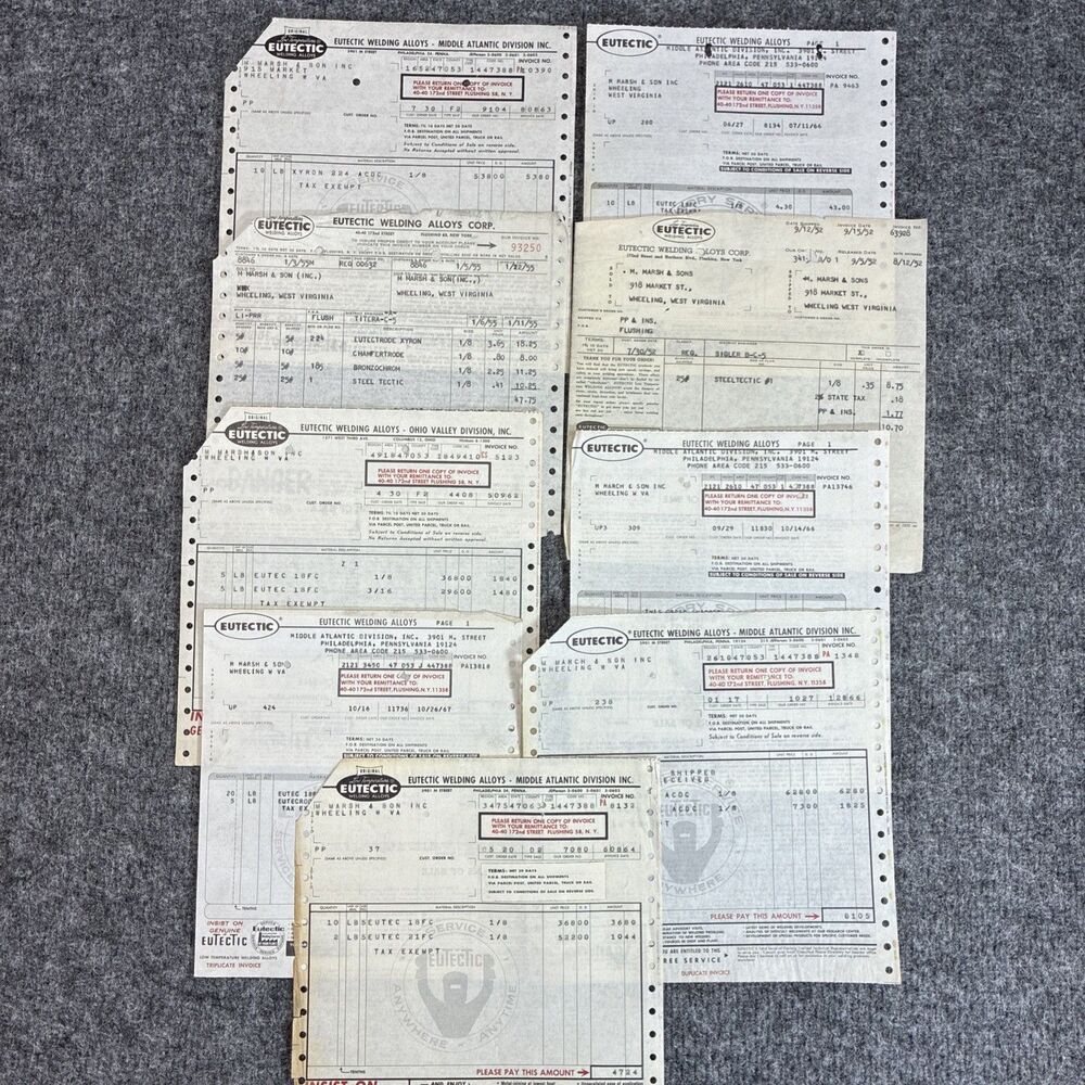 1952–1967 Eutectic Welding Alloys Invoice Lot of 9 Marsh & Son WV Industrial